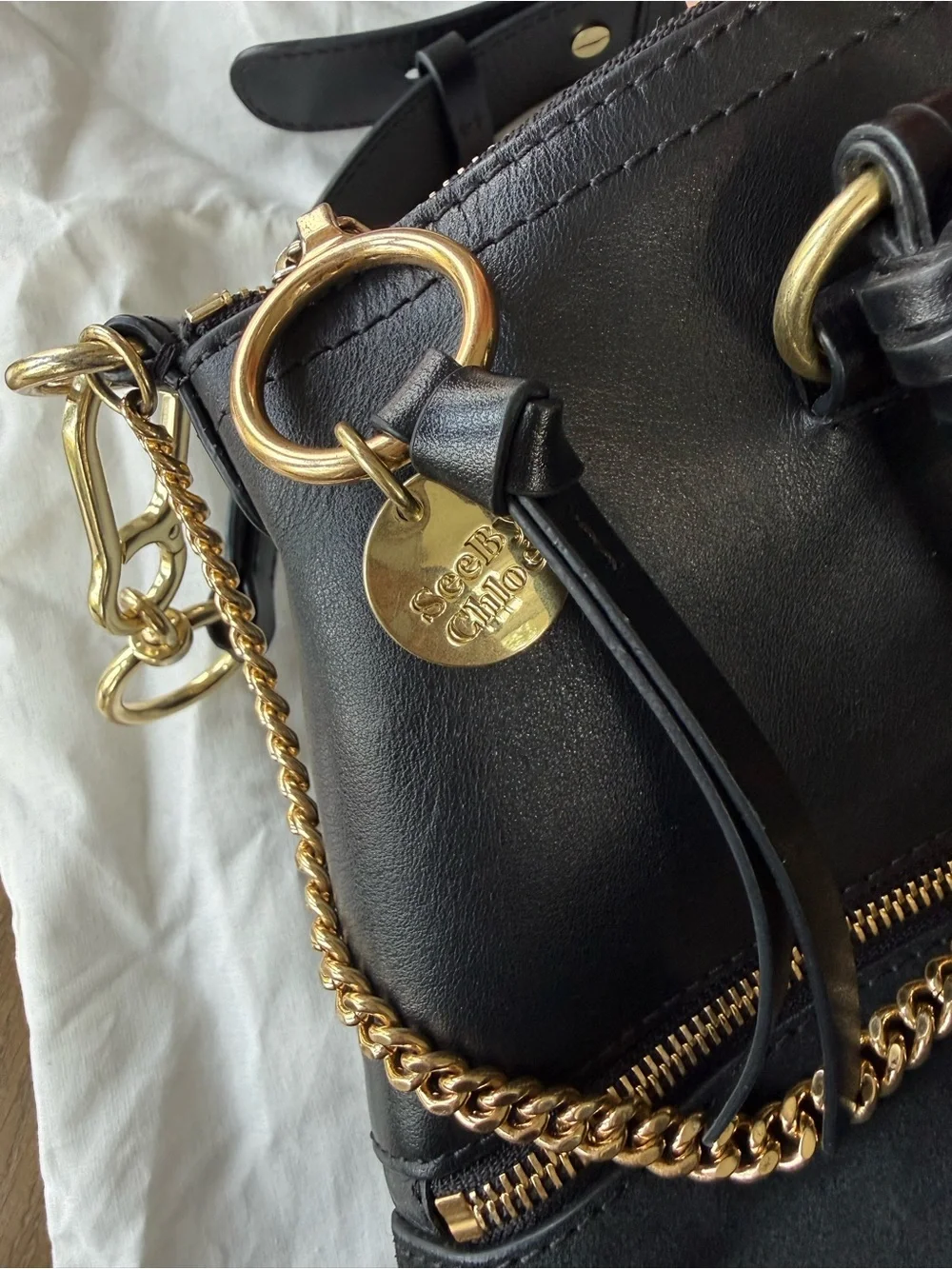 See By Chloe Black Leather & Suede Tote with Gold Hardware